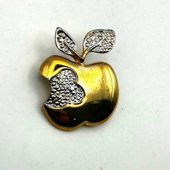 Park Lane Brooch Pin Golden Apple Bite out of Gold tone Silver Retro Vintage - Picture 2 of 7